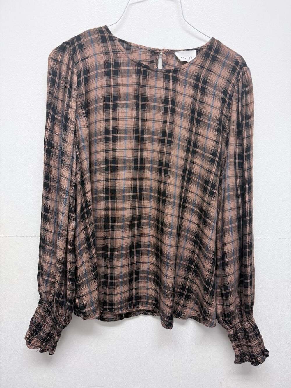 AndrΓ©e By Unit Plaid brown blue Blouse Size L Long Sleeve Top